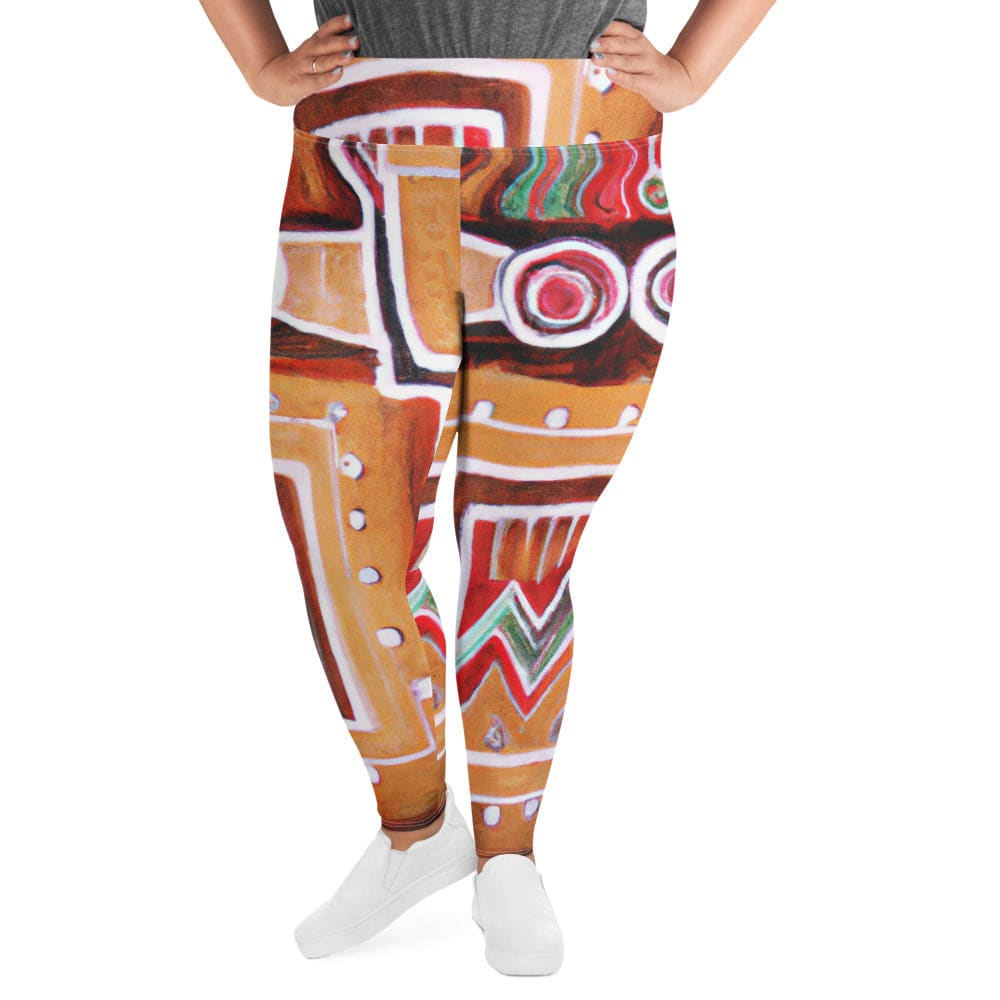 Womens Plus Size Fitness Leggings Brown Orange Green Aztec Pattern