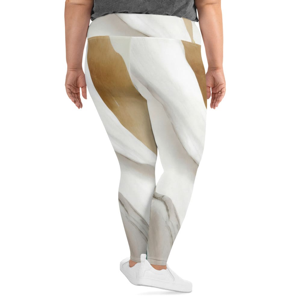 Womens Plus Size Fitness Leggings Cream White Green Marbled Print - Womens