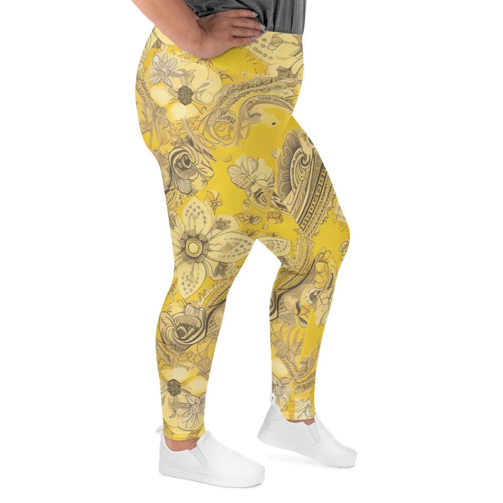 Womens Plus Size Fitness Leggings Floral Yellow Bandanna Illustration