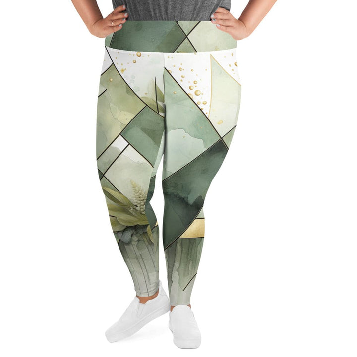 Womens Plus Size Fitness Leggings Olive Green Mint Leaf Geometric