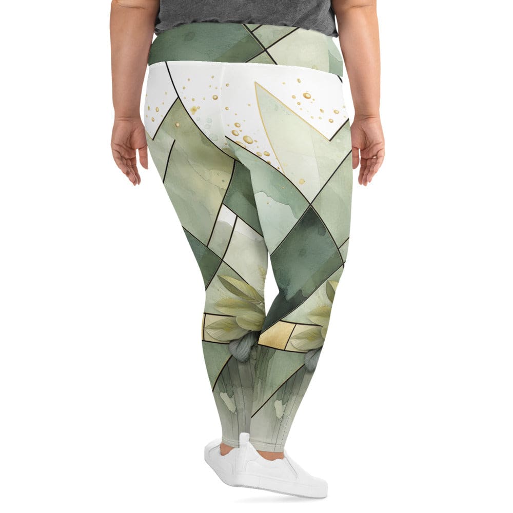 Womens Plus Size Fitness Leggings Olive Green Mint Leaf Geometric