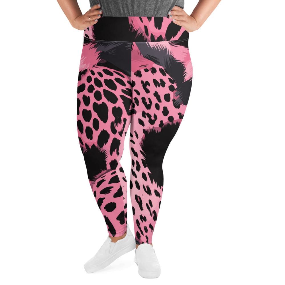 Womens Plus Size Fitness Leggings Pink And Black Spotted Illustration