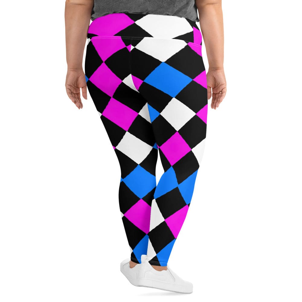Womens Plus Size Fitness Leggings Pink Blue Checkered Pattern