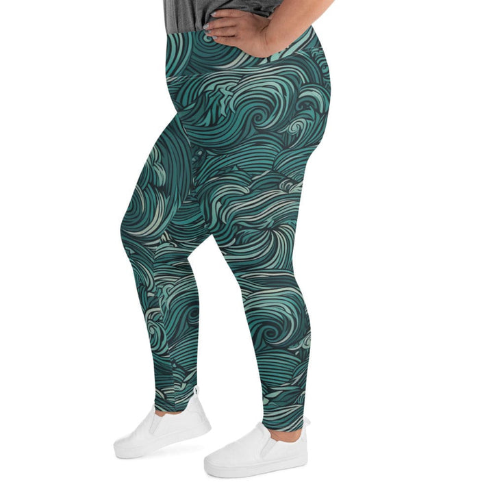 Womens Plus Size Fitness Leggings Water Wave Mint Green Illustration