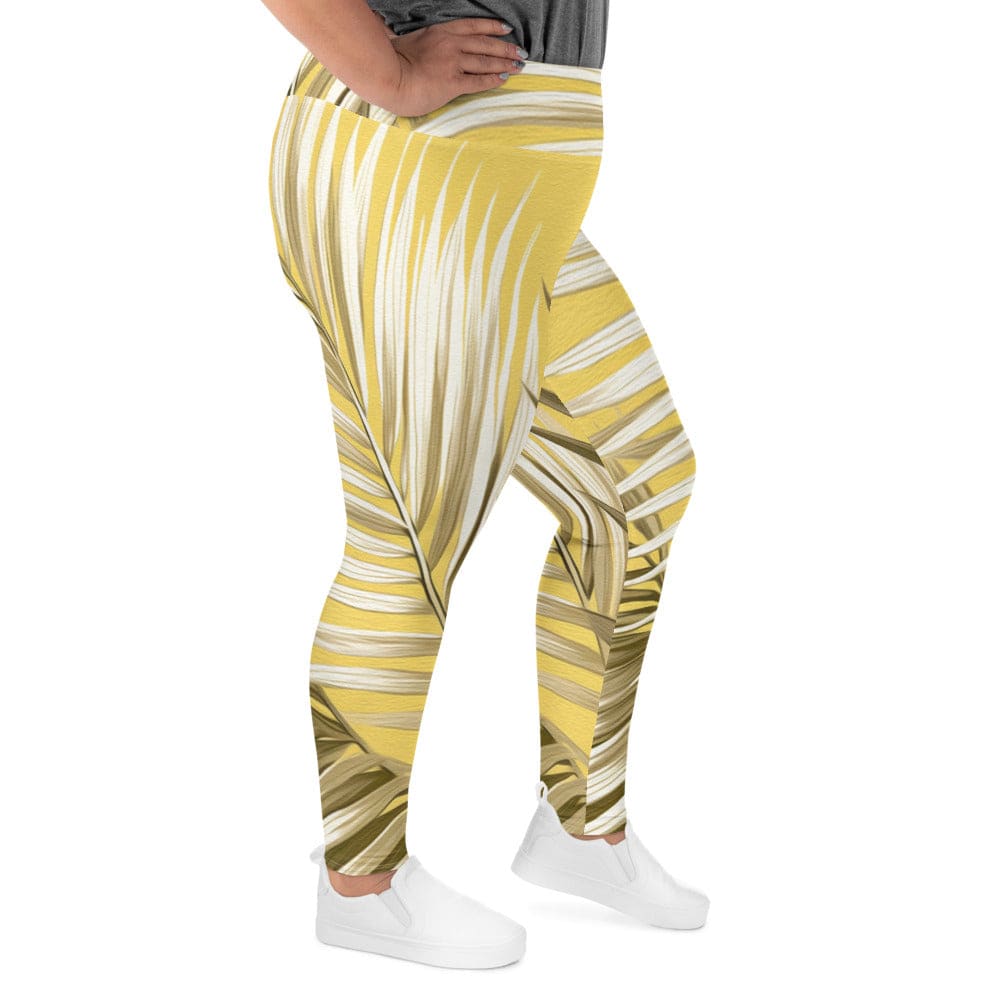 Womens Plus Size Fitness Leggings White Brown Palm Leaves