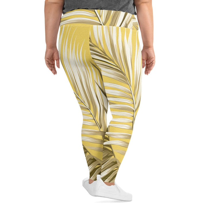 Womens Plus Size Fitness Leggings White Brown Palm Leaves