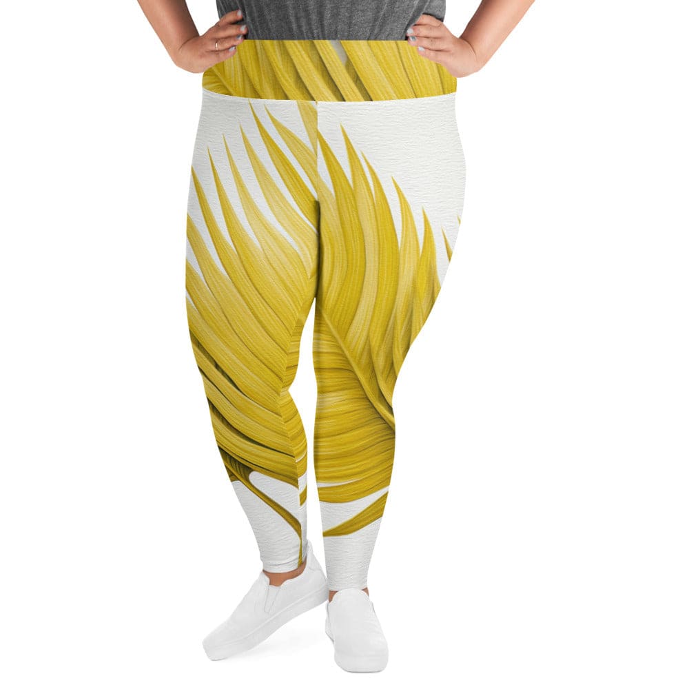 Womens Plus Size Fitness Leggings Yellow Palm Leaves