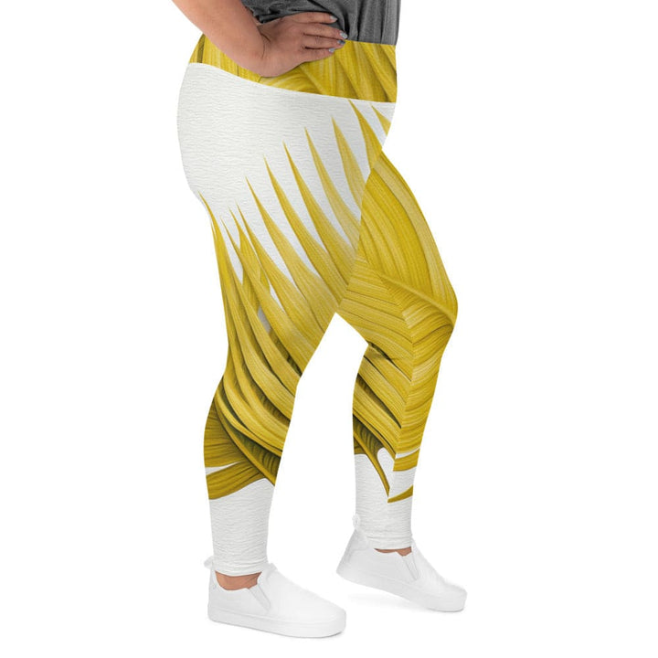 Womens Plus Size Fitness Leggings Yellow Palm Leaves