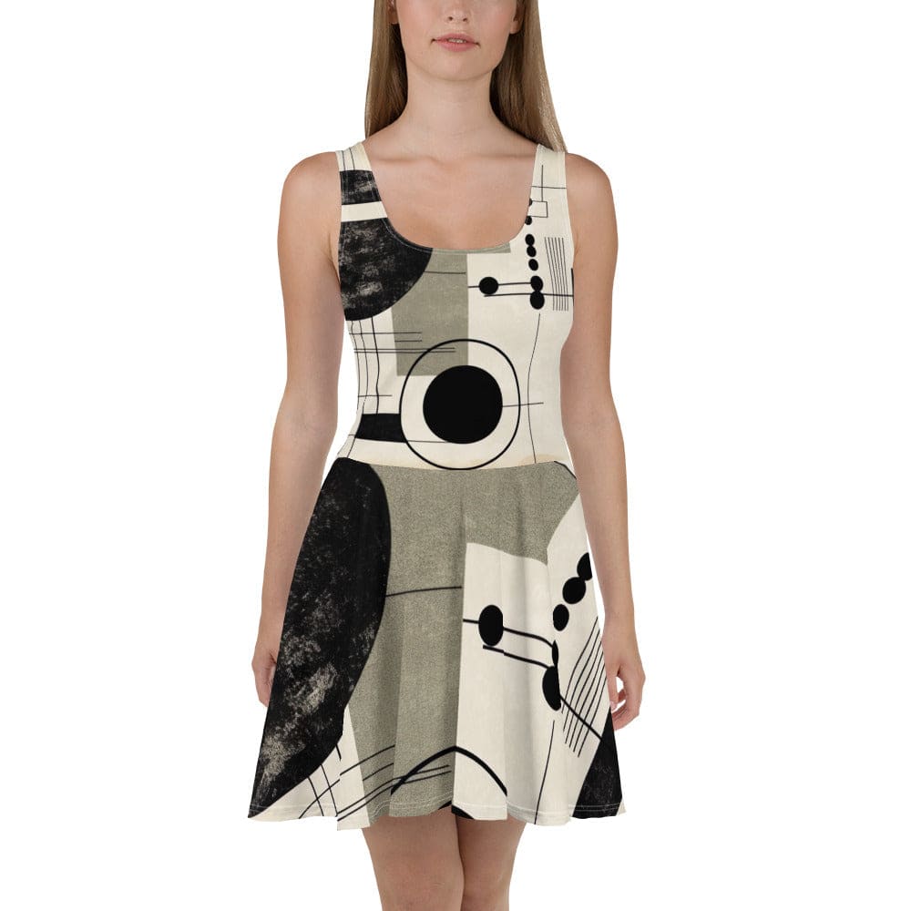 Womens Skater Dress Abstract Black Beige Brown Geometric Shapes 2