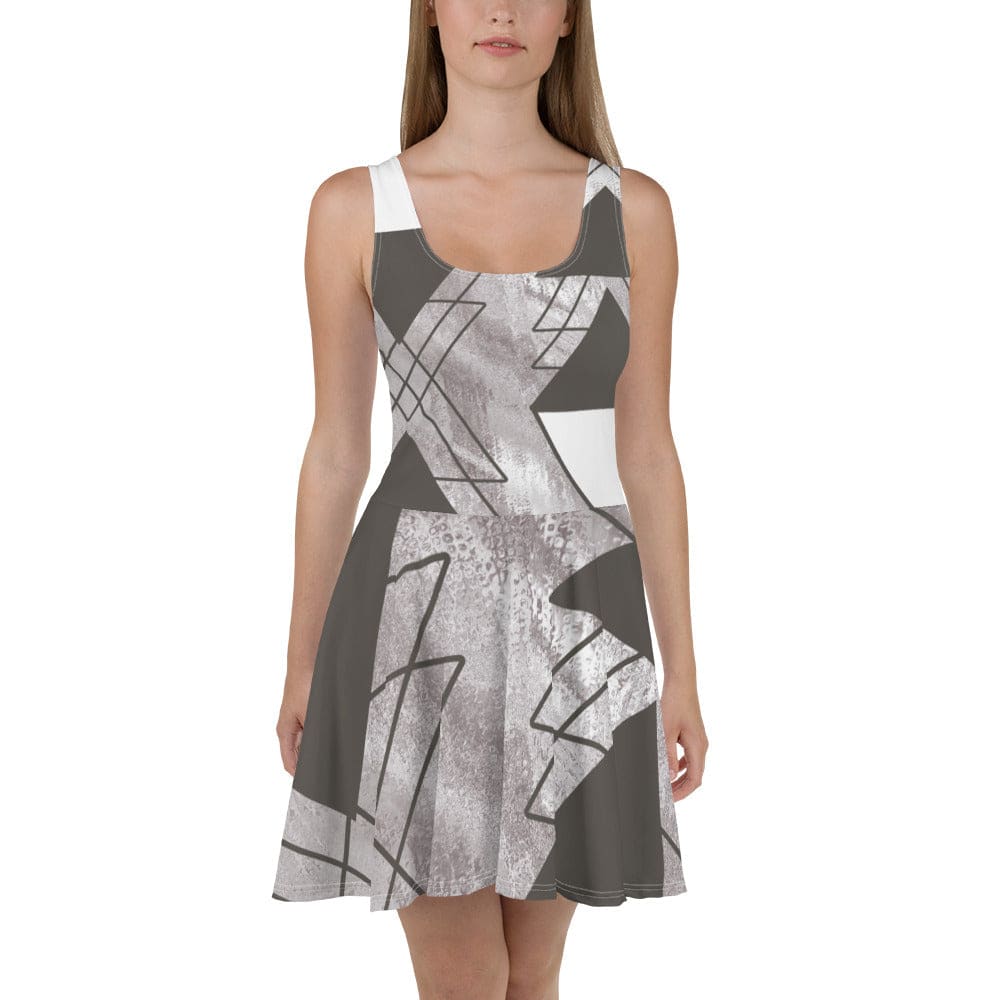 Womens Skater Dress Ash Grey and White Triangular Colorblock 2