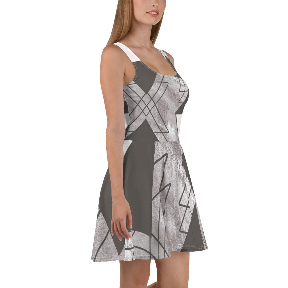 Womens Skater Dress Ash Grey and White Triangular Colorblock 2