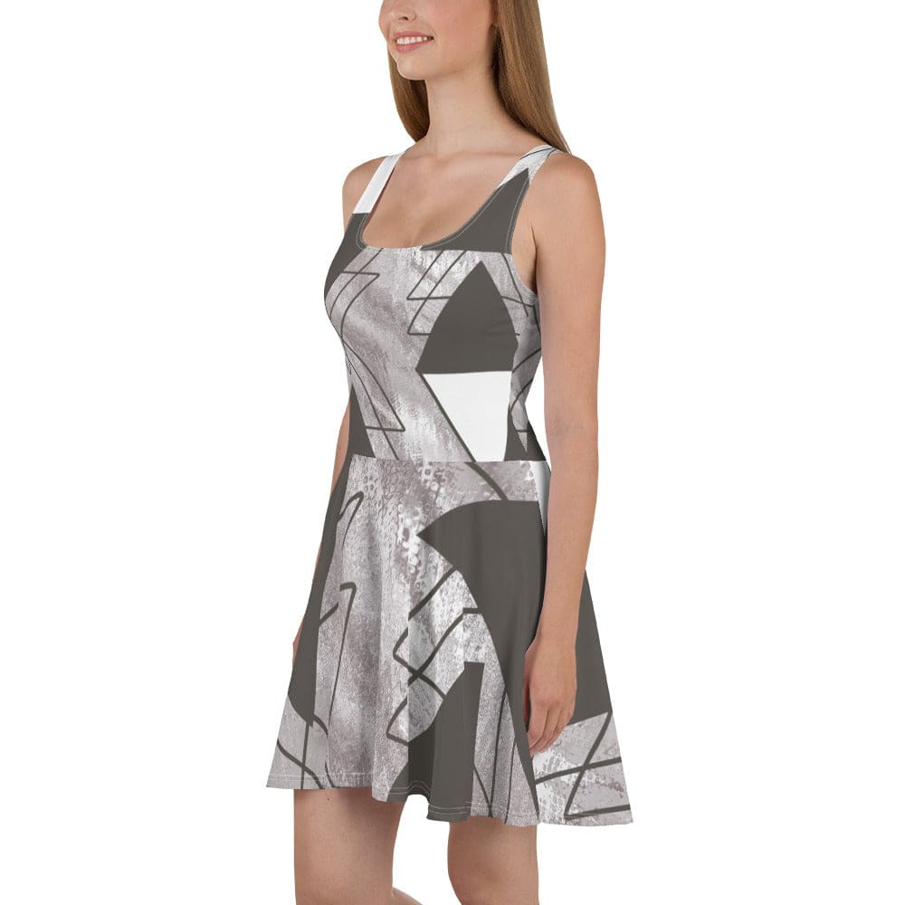 Womens Skater Dress Ash Grey And White Triangular Colorblock 2