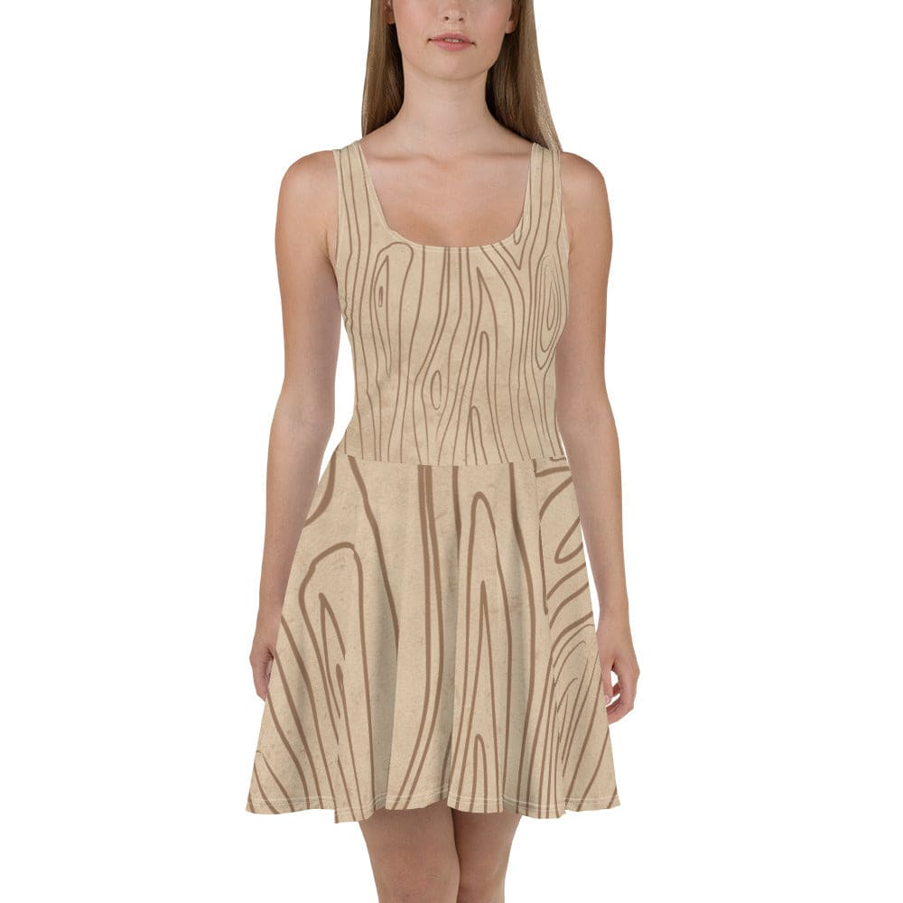 Womens Skater Dress Beige Brown Tree Sketch Lines