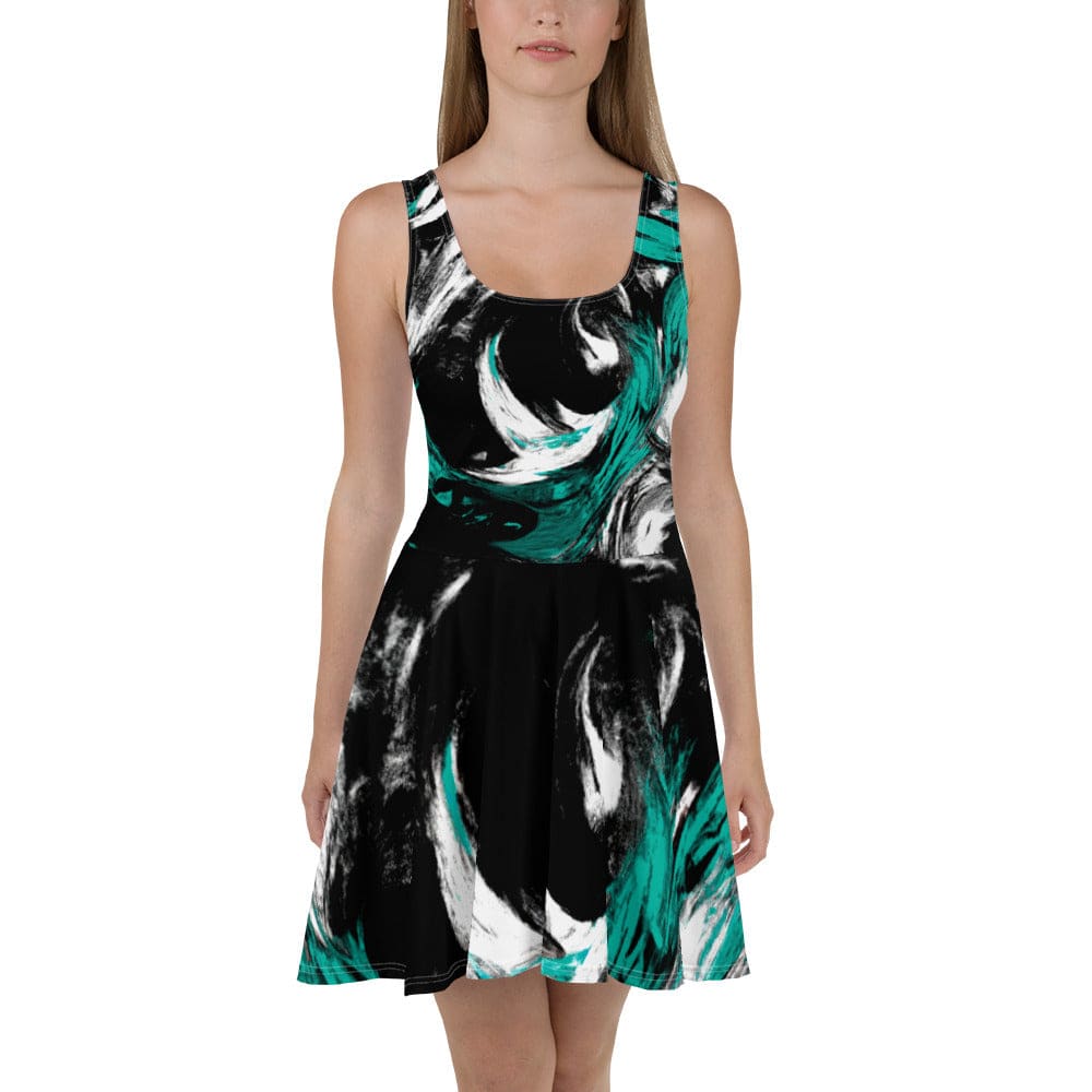 Womens Skater Dress Black Green White Abstract Pattern 2