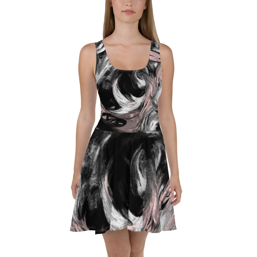 Womens Skater Dress - Black Pink White Abstract Pattern 2