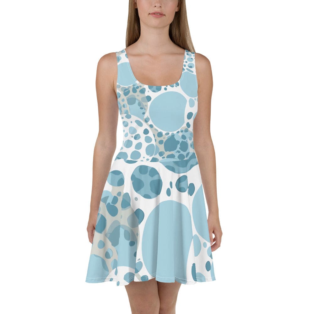 Womens Skater Dress Blue and White Circular Spotted Illustration 2