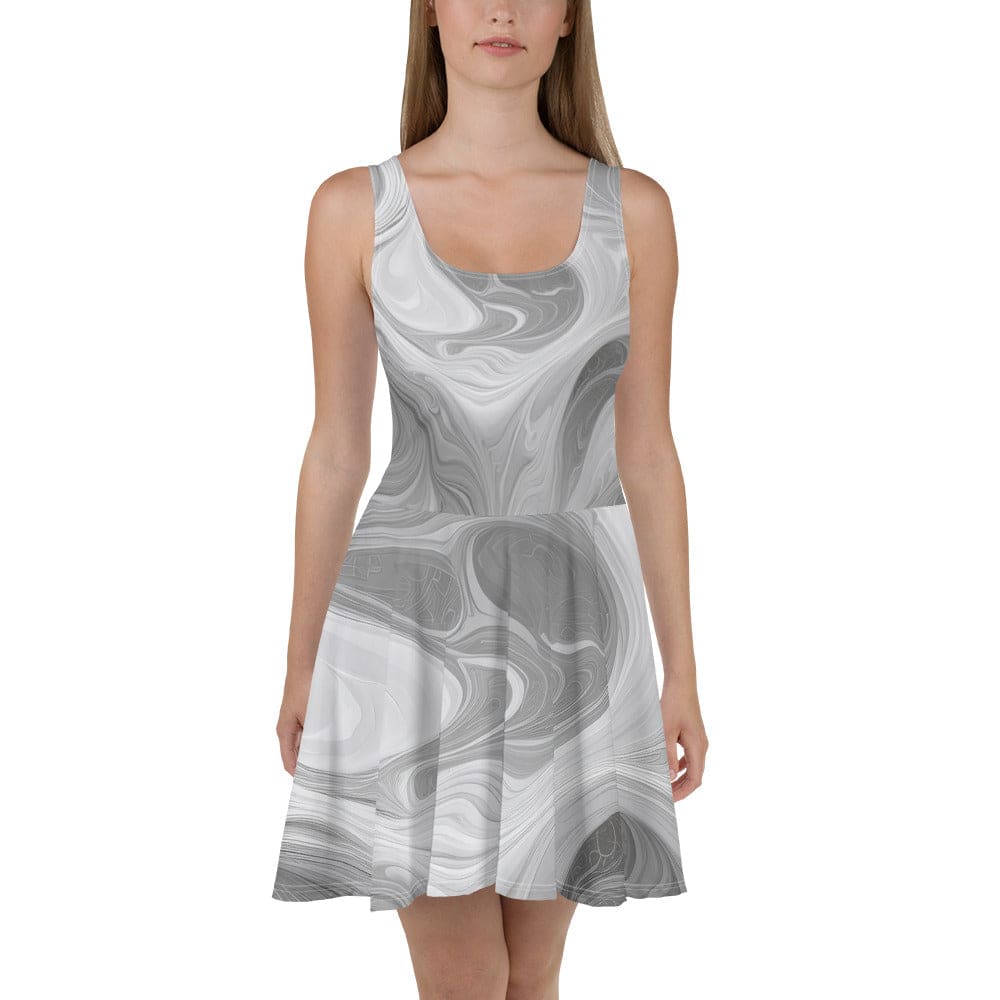 Womens Skater Dress Boho Marble Pattern White and Grey 2