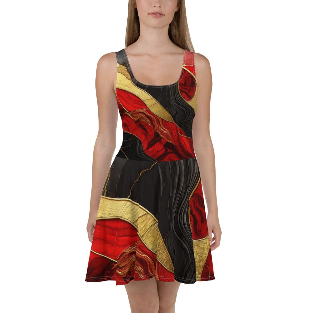 Womens Skater Dress Bold Red Gold Tones Print