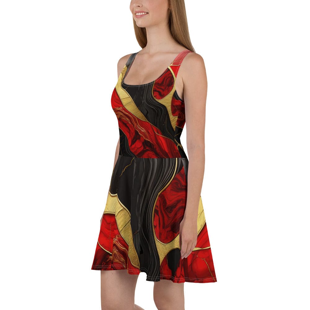 Womens Skater Dress Bold Red Gold Tones Print