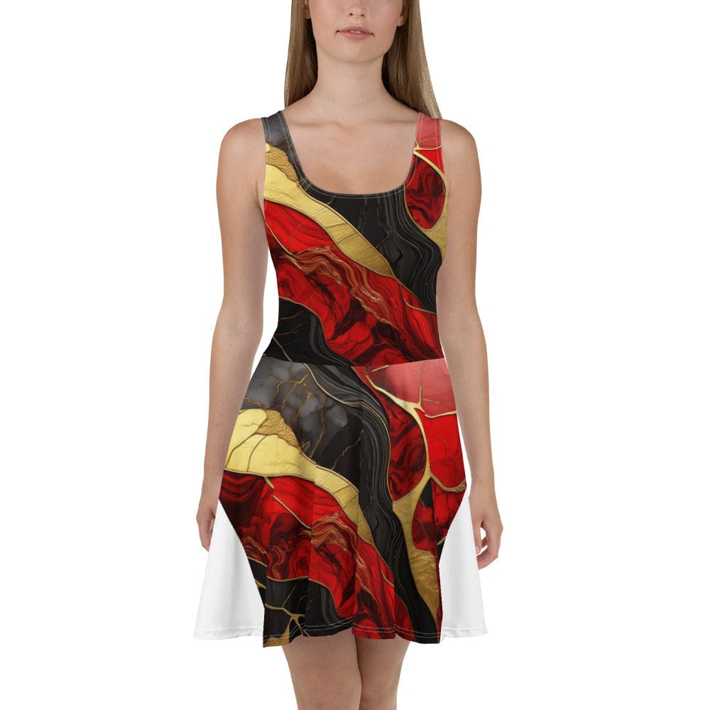 Womens Skater Dress Brick Red Pattern Black And Gold Marble