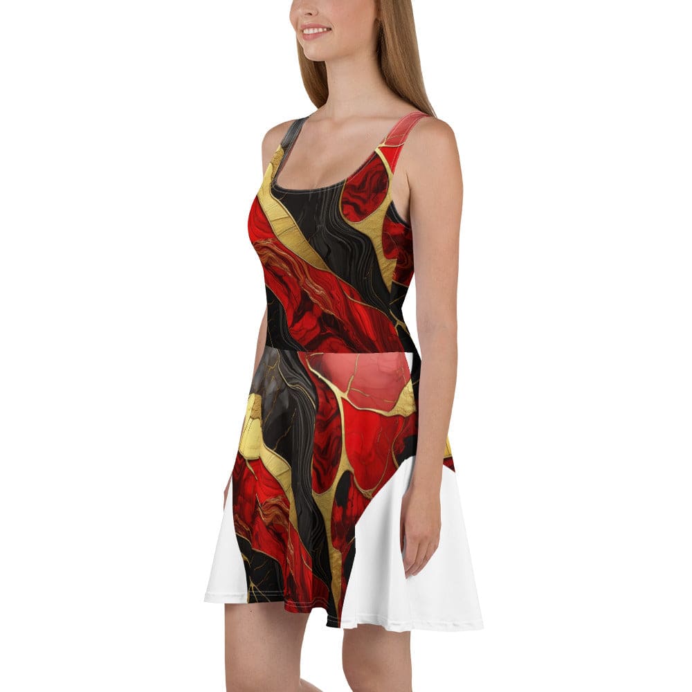 Womens Skater Dress Brick Red Pattern Black And Gold Marble