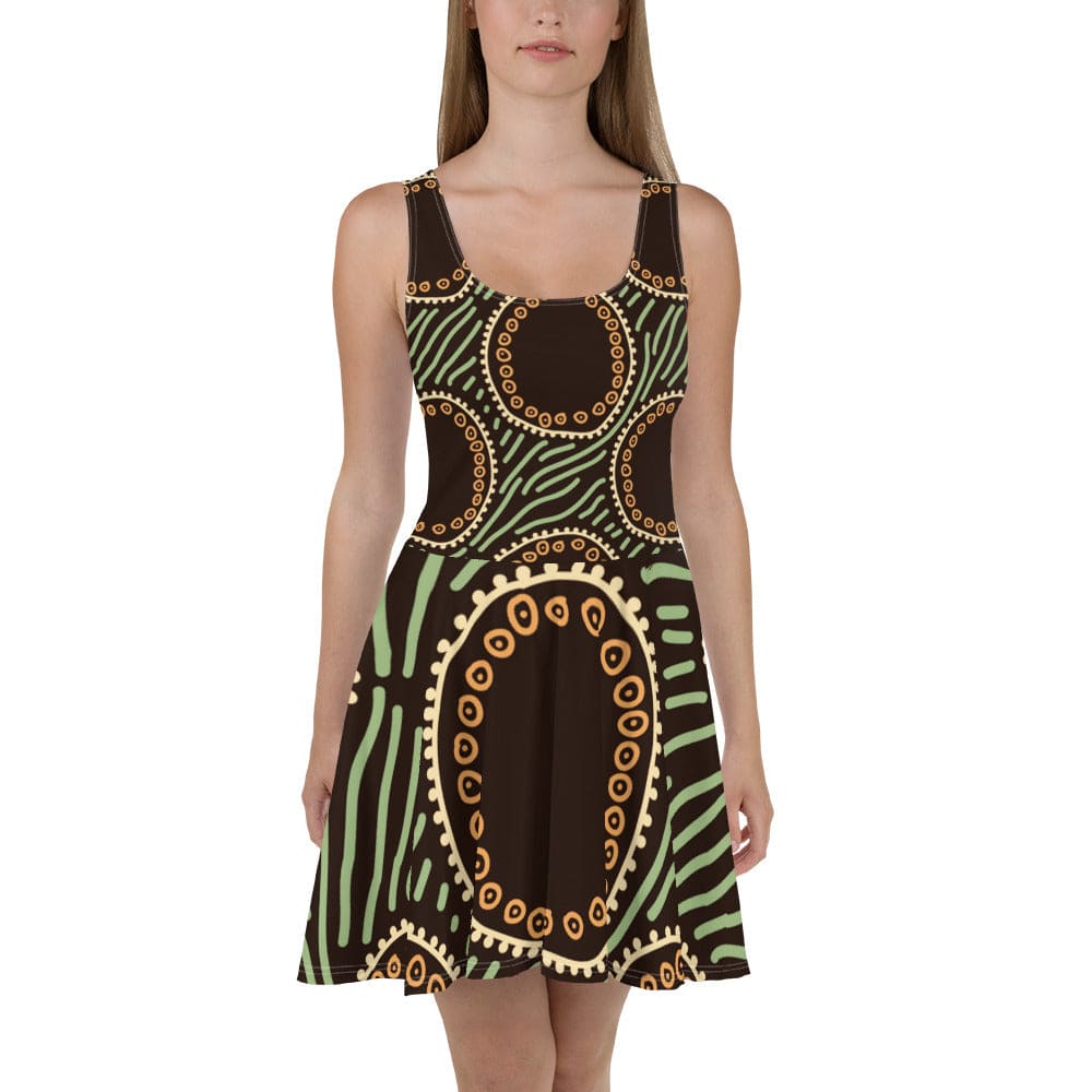 Womens Skater Dress Brown Green Geometric Lines