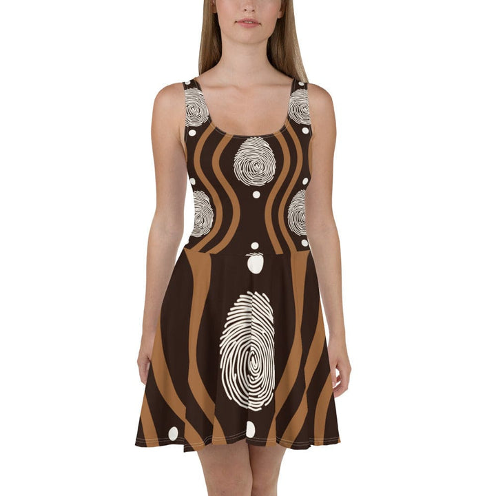 Womens Skater Dress - Brown White Geometric Lines