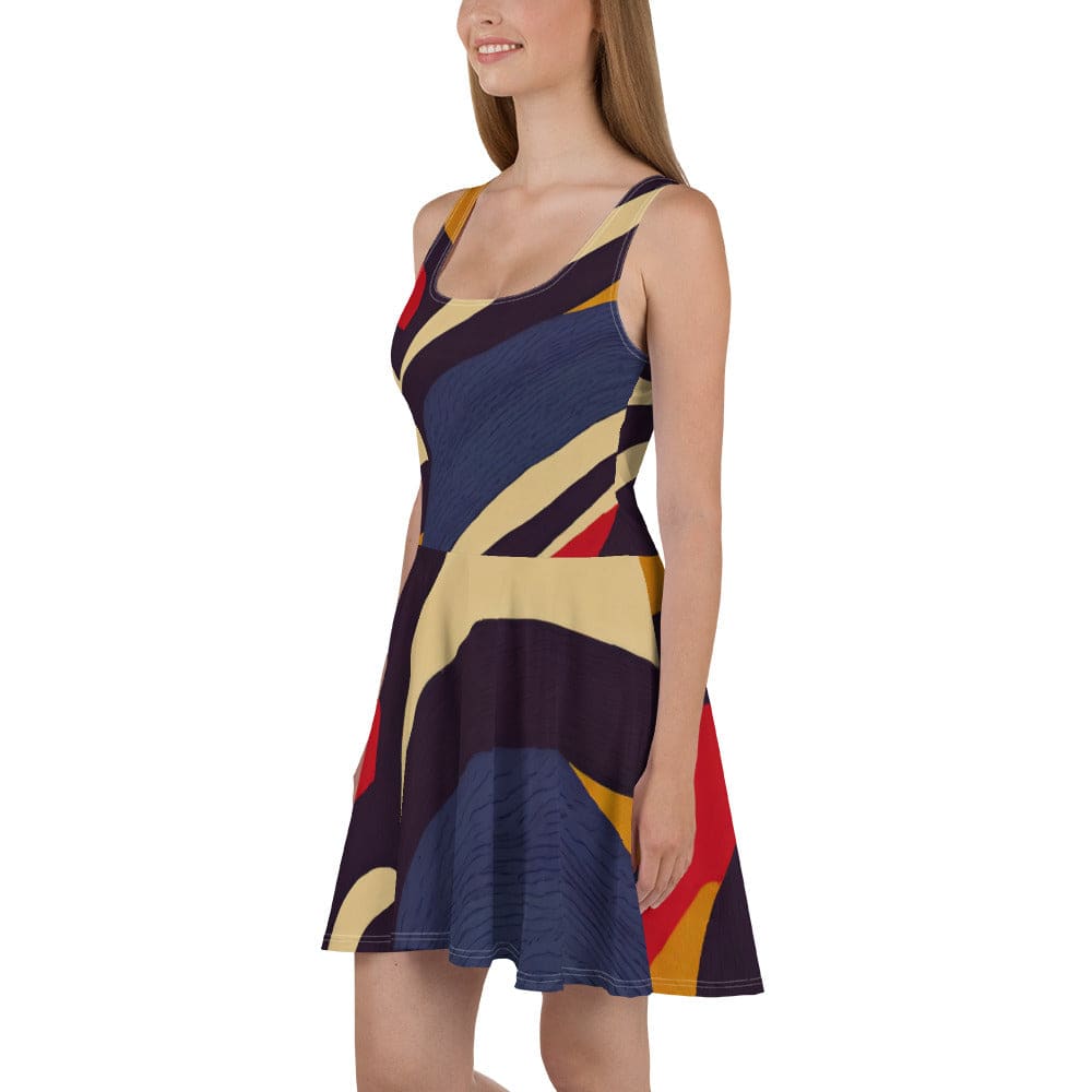 Womens Skater Dress Brown Red Blue Colorblock Lines