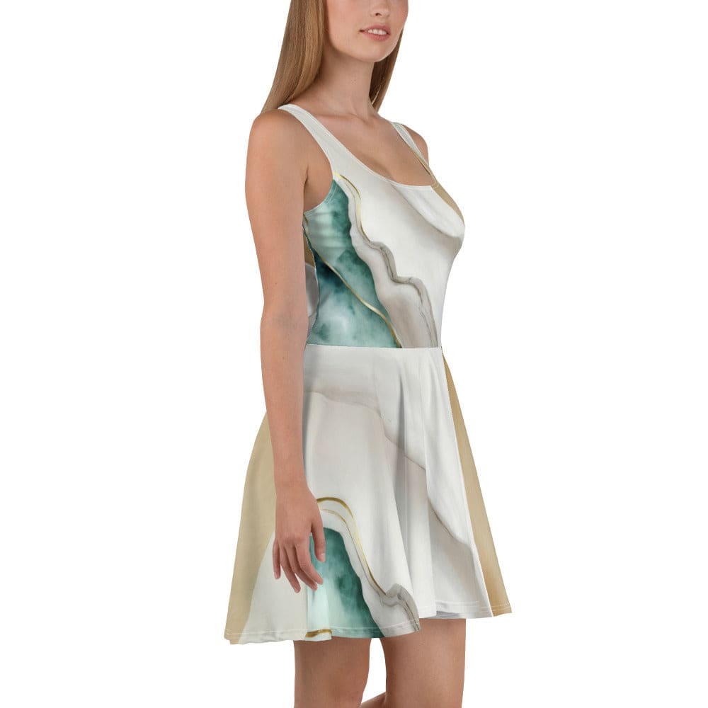 Womens Skater Dress Cream White Green Marbled Print 2