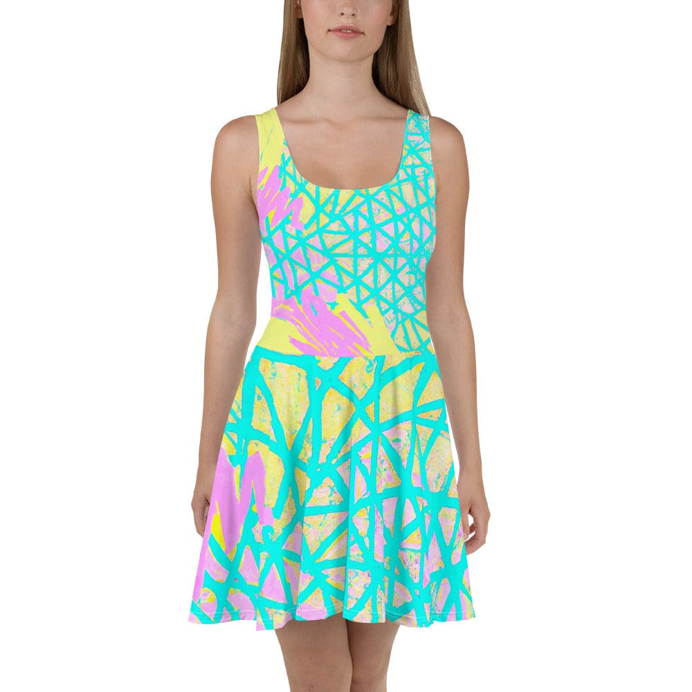 Womens Skater Dress Cyan Blue Lime Green and Pink Pattern 2