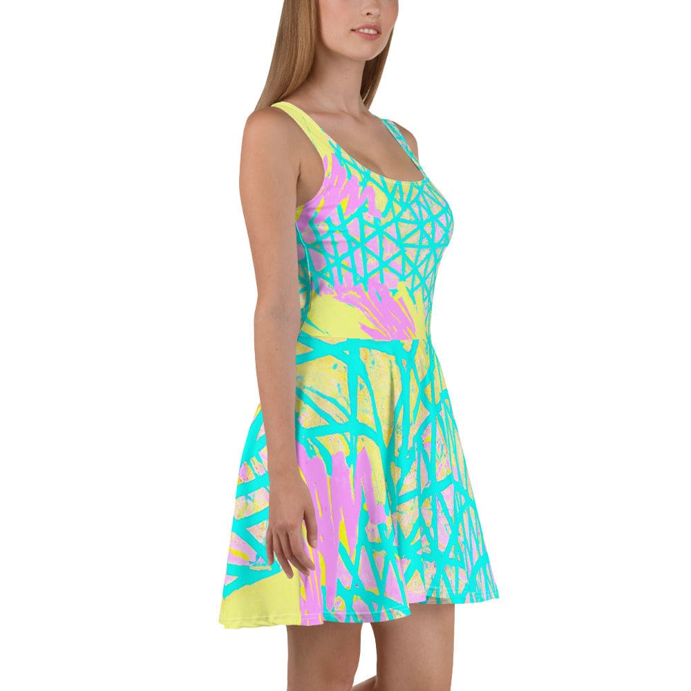 Womens Skater Dress Cyan Blue Lime Green and Pink Pattern 2