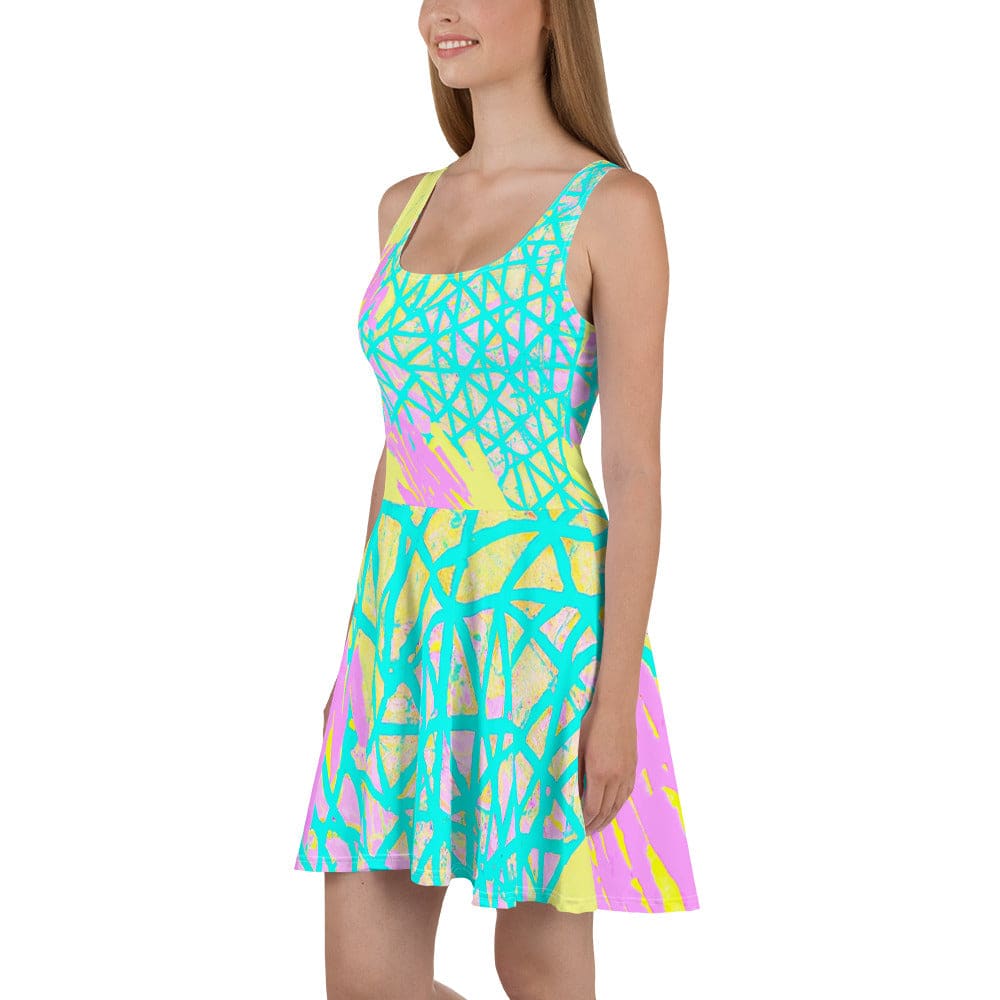 Womens Skater Dress Cyan Blue Lime Green and Pink Pattern 2