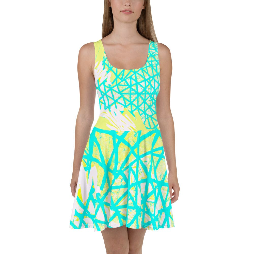 Womens Skater Dress Cyan Blue Lime Green and White Pattern 2