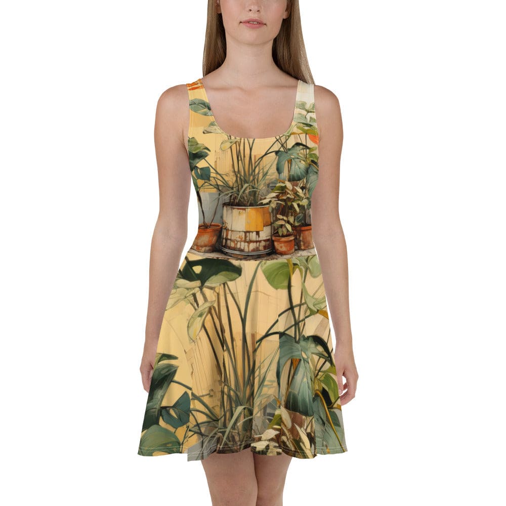 Womens Skater Dress Earthy Rustic Potted Plants Print 2