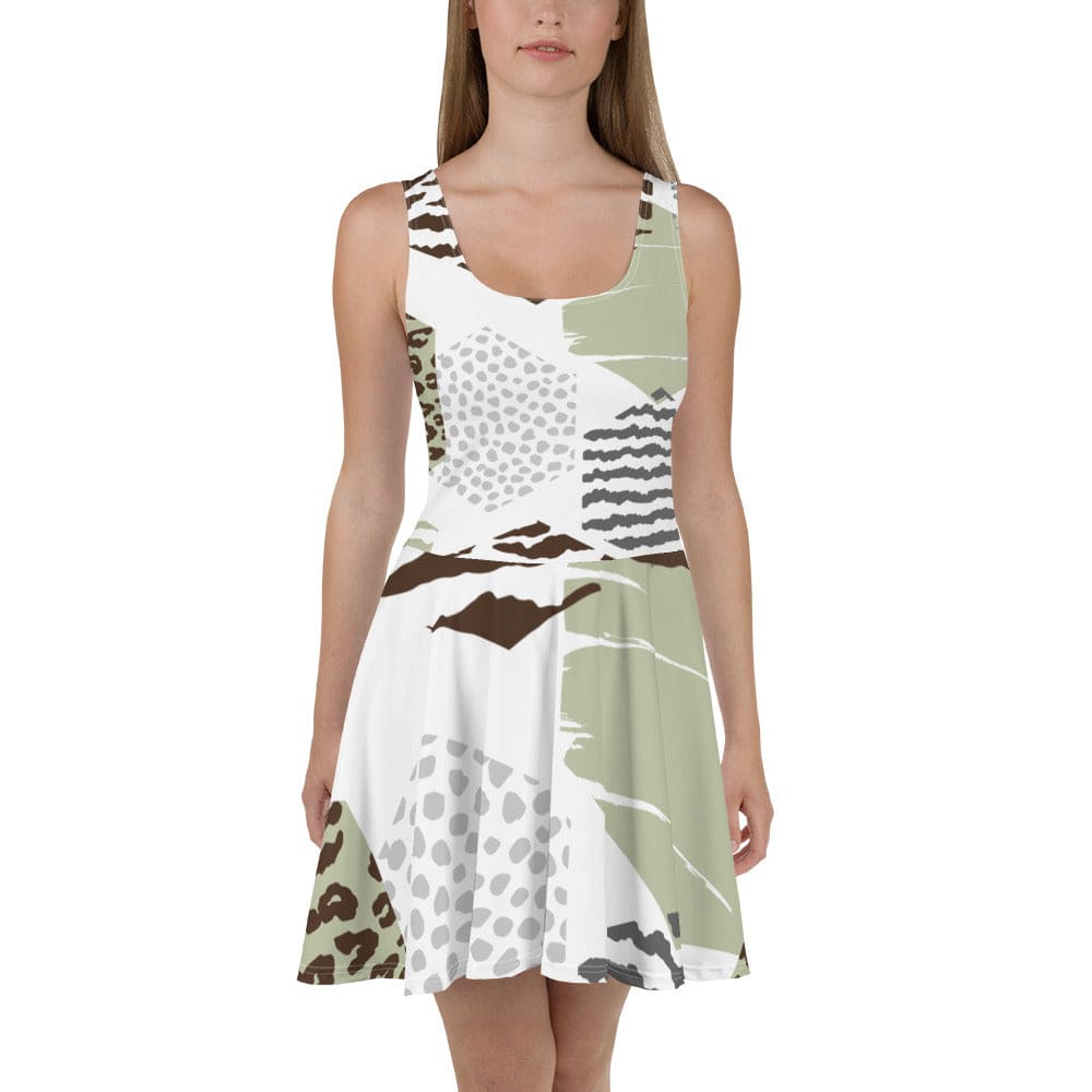 Womens Skater Dress Brown Green Grey Geometric Hexagon Print