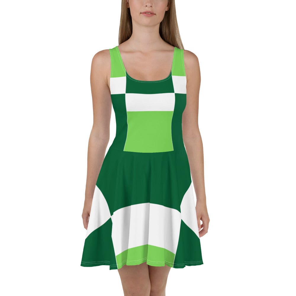 Womens Skater Dress Green White Colorblock Grid Lines