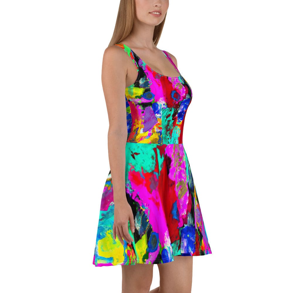 Womens Skater Dress - Red Multicolor Abstract Print