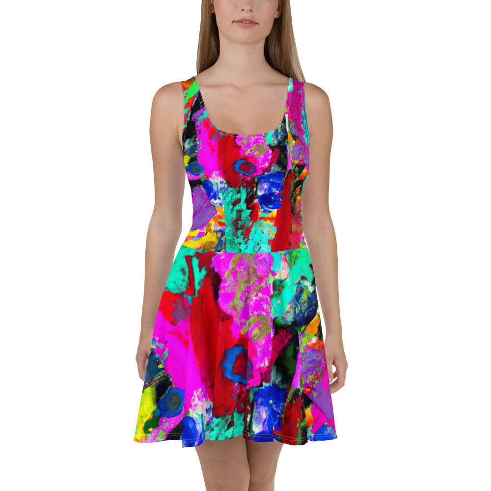 Womens Skater Dress Red Multicolor Abstract Print