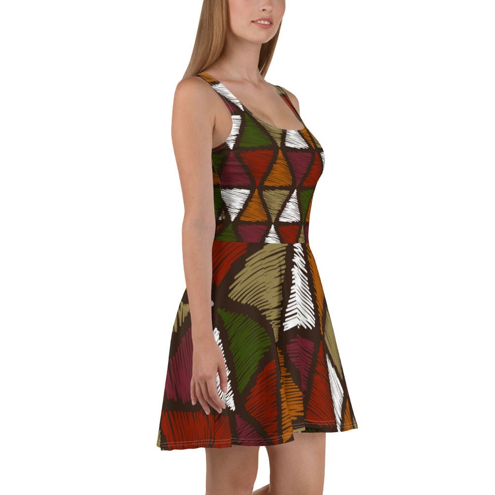 Womens Skater Dress - Red Green Geometric Lines