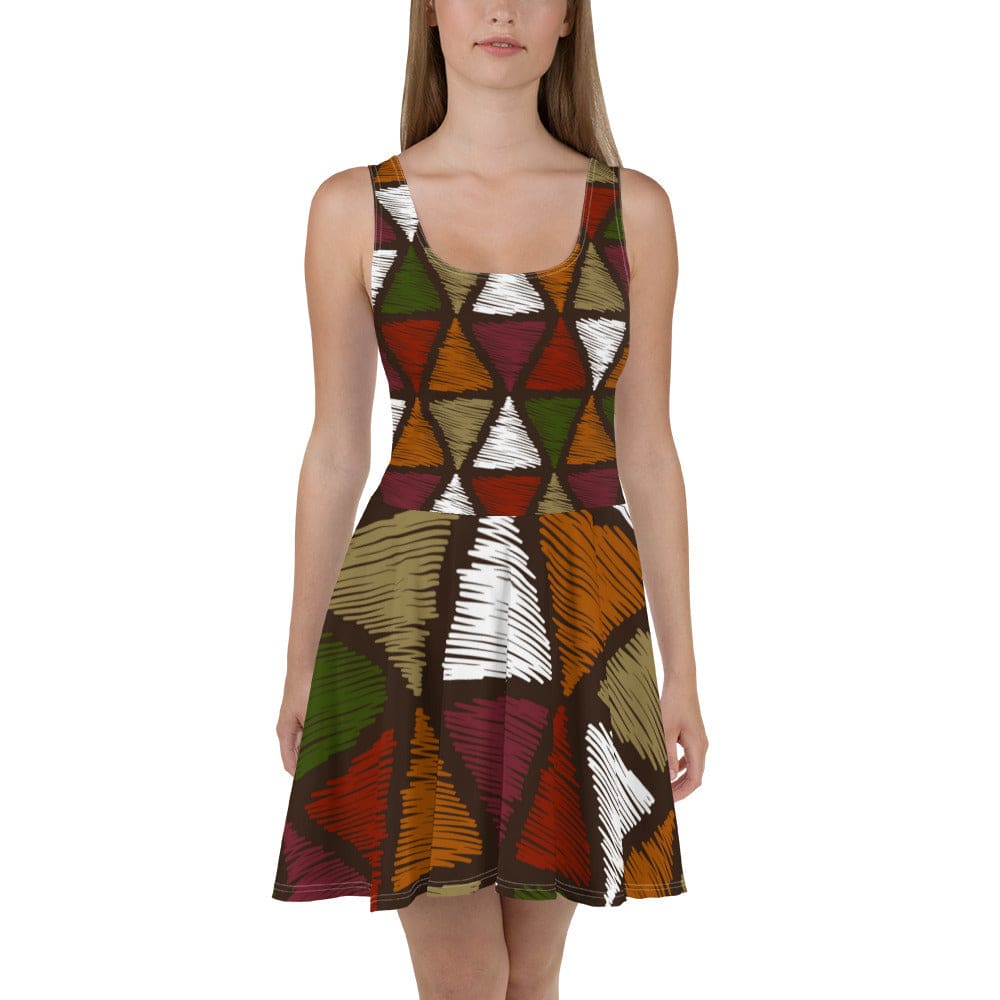 Womens Skater Dress - Red Green Geometric Lines