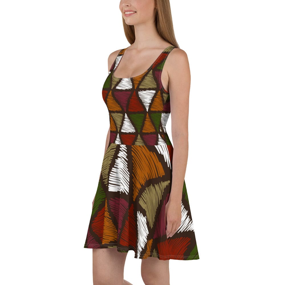 Womens Skater Dress Red Green Geometric Lines