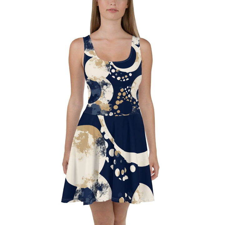 Womens Skater Dress Blue Beige Spotted Print