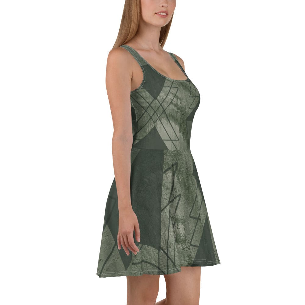 Womens Skater Dress Olive Green Triangular Colorblock 2