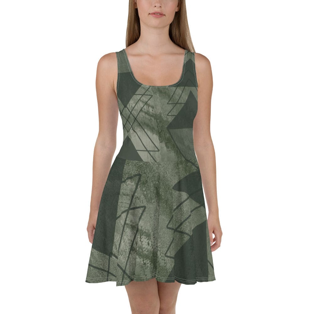 Womens Skater Dress Olive Green Triangular Colorblock 2