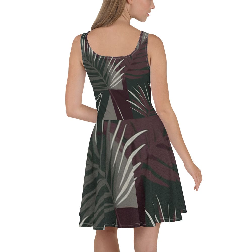 Womens Skater Dress Palm Tree Leaves Maroon Green Background 2