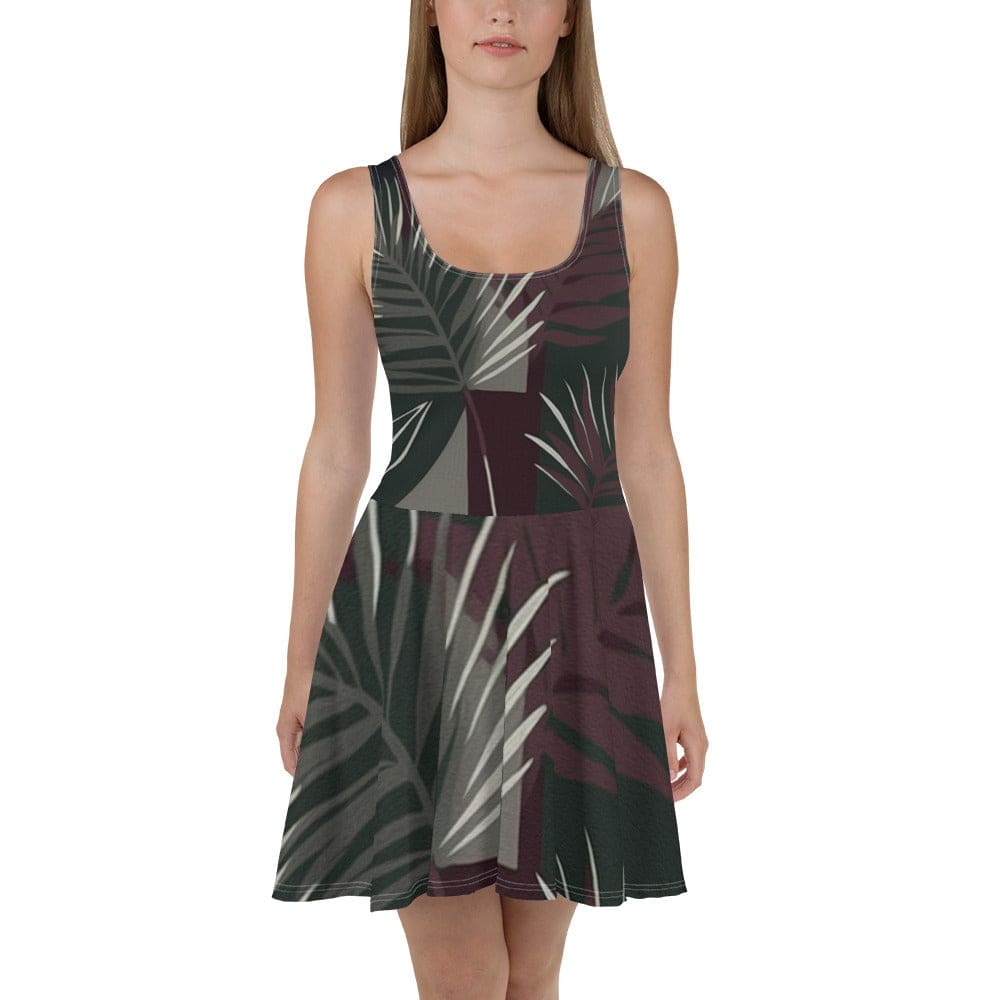 Womens Skater Dress Palm Tree Leaves Maroon Green Background 2