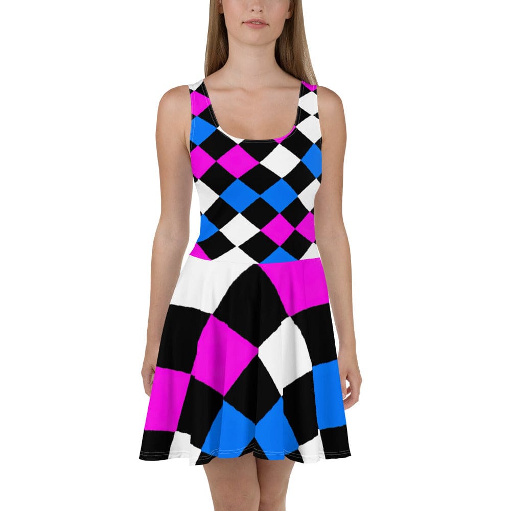 Womens Skater Dress Pink Blue Checkered Pattern 2
