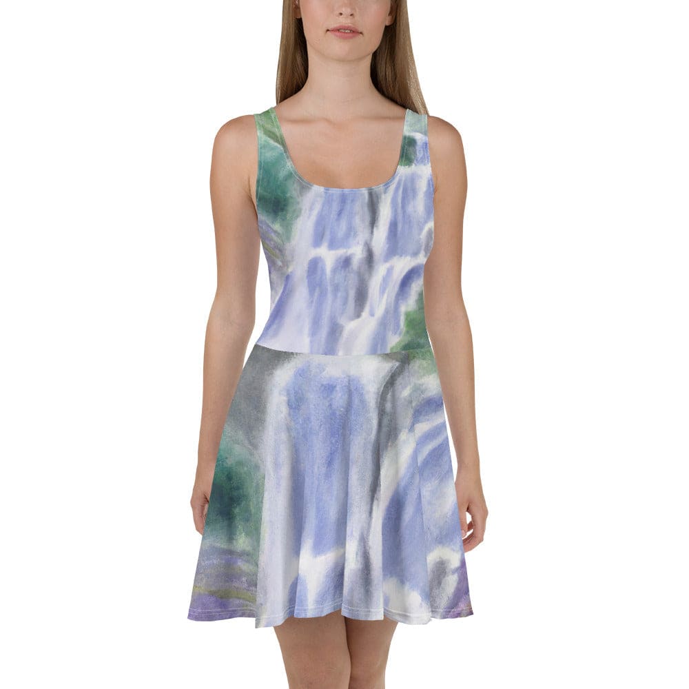 Womens Skater Dress Purple Watercolor Waterfall Green Landscape 2