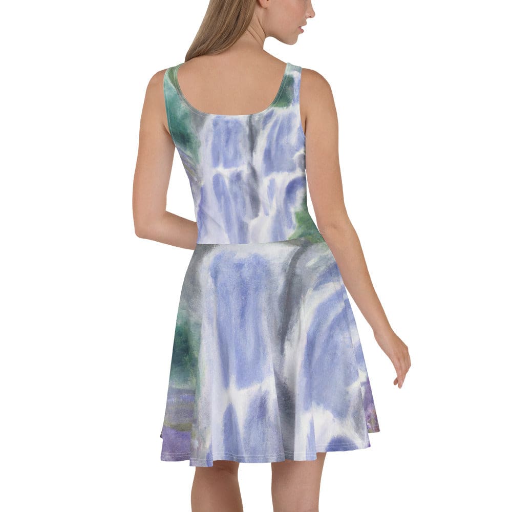 Womens Skater Dress Purple Watercolor Waterfall Green Landscape 2