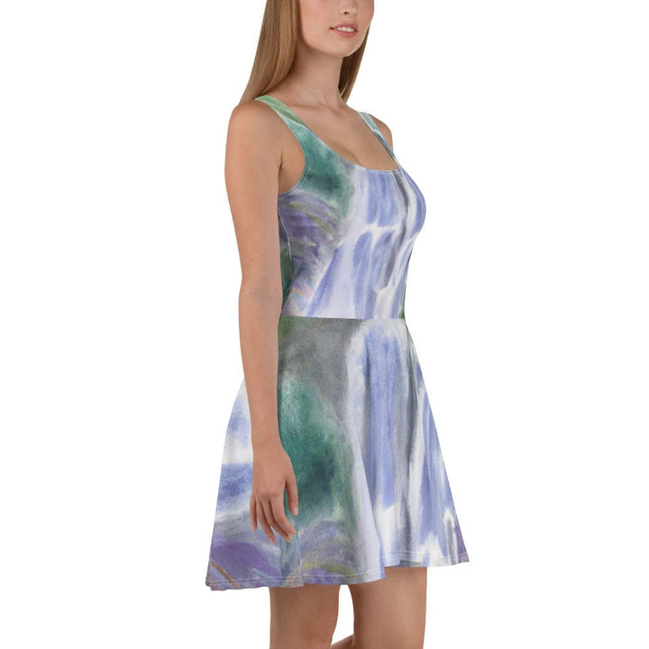 Womens Skater Dress Purple Watercolor Waterfall Green Landscape 2